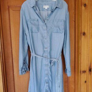 AVA & VIV Chambray Shirt Dress Pockets Button Front Size 1X Roll Tab Sleeve